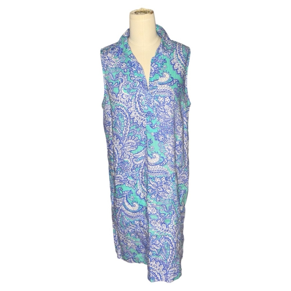 Cynthia Rowley Blue & Aqua Paisley Print Linen Sleeveless Dress
